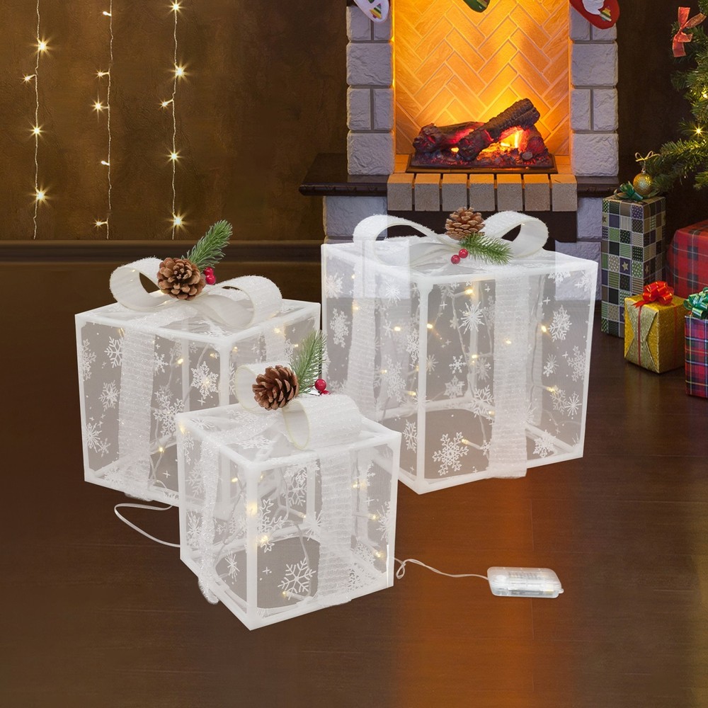 Set Of 3 Lighted Gift Boxes, 50 White Lights Present Box Lighted Display Decor