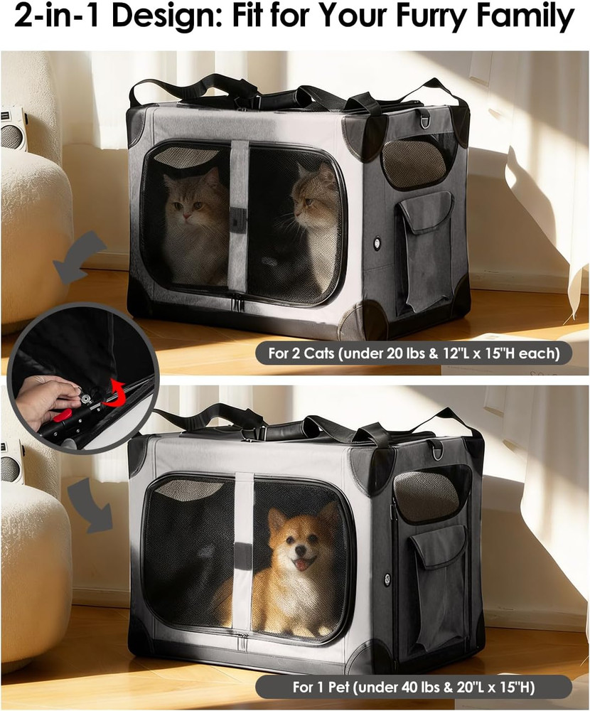 Extra Large Cat Carrier for 2 Cats, XL with Removable Divider, Foldable Soft-Sid