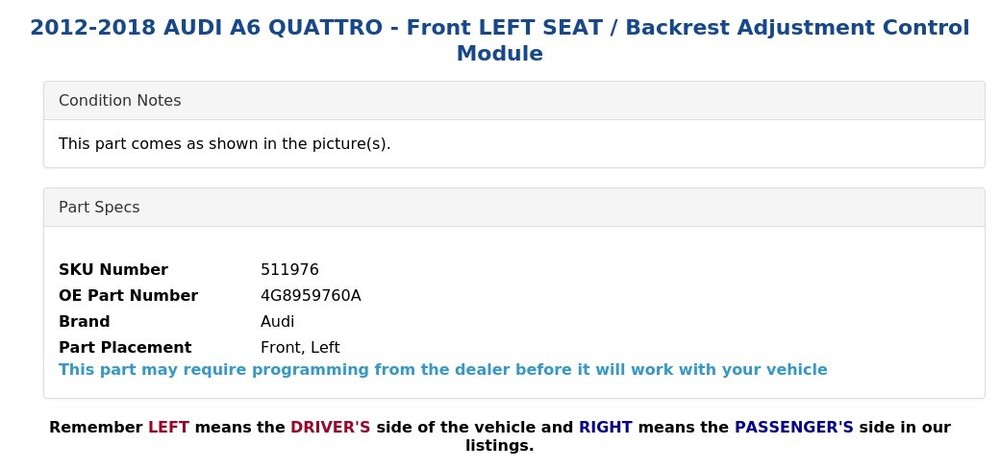 2012-2018 AUDI A6 QUATTRO - Front LEFT SEAT / Backrest Adjustment Control Module