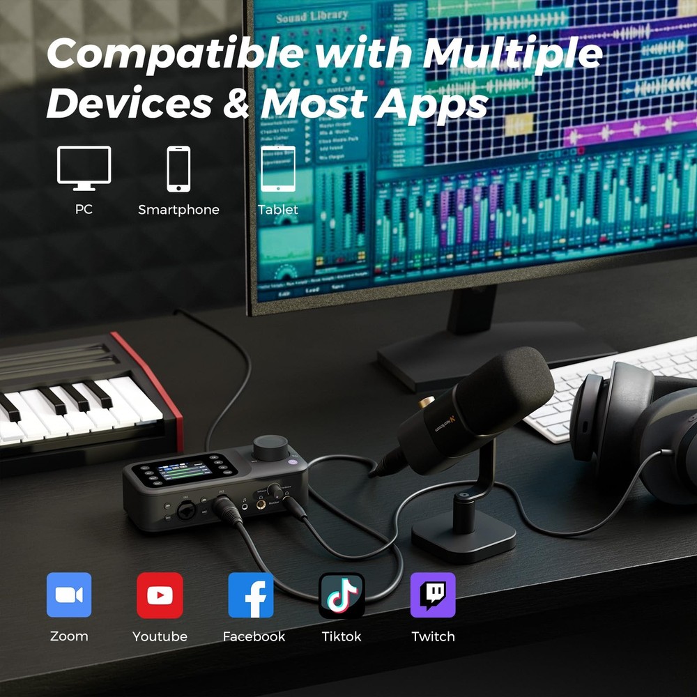 Audio Interface with Pro Preamp, Dual XLR/6.35mm Inputs, 48V Phantom, Dual