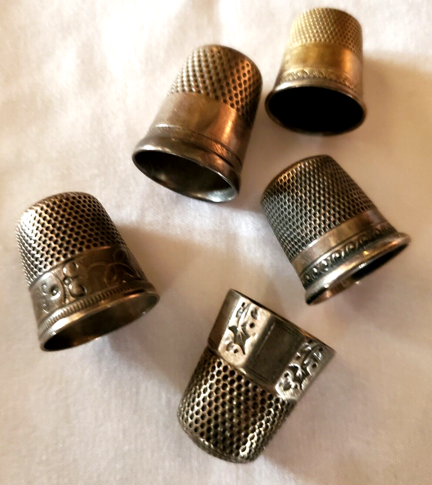 Sewing Memorabilia 5 Antique Sterling Silver Thimbles Assorted Makers