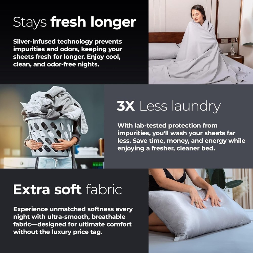 Microfiber Bed Sheets Queen Silver Infused Self Cleaning Technology Silvery