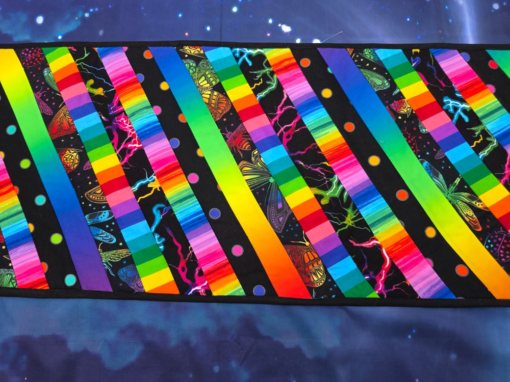 Handmade Quilted Table Runner RAINBOW STRIP STRIPES POLKA DOTS BRIGHT LIGHTNING