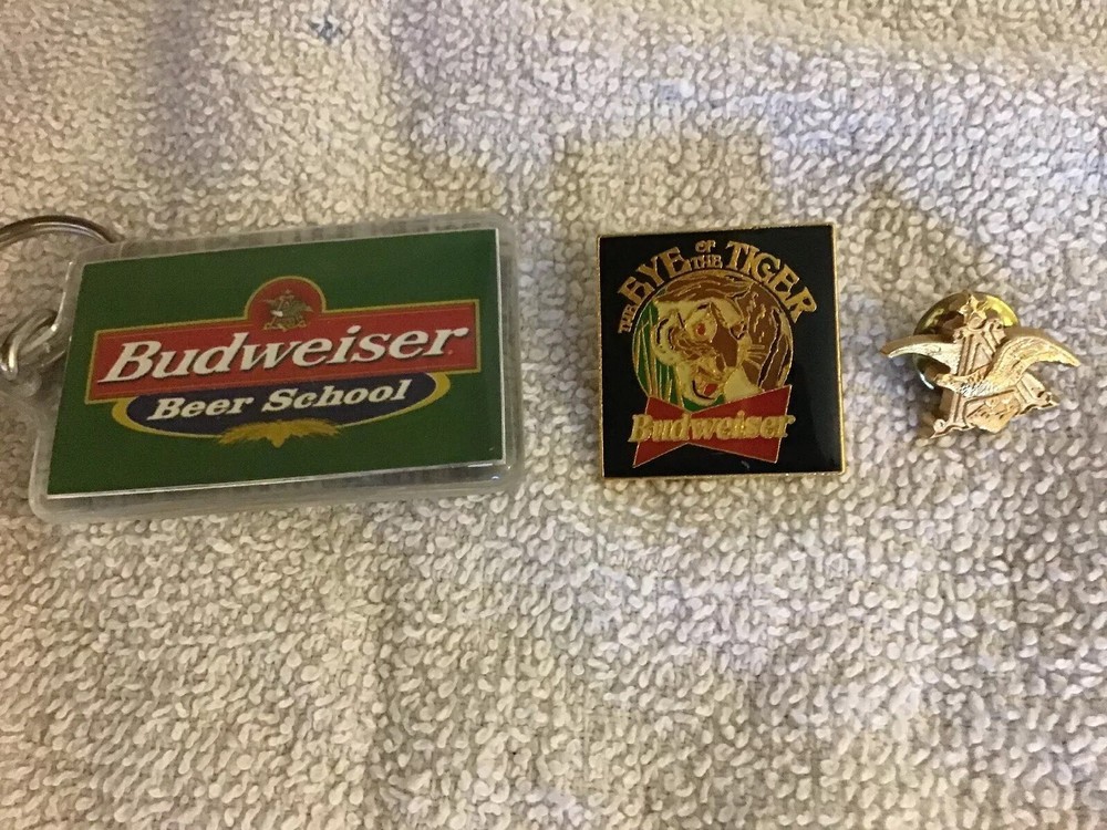 Budweiser Bud School Keychain & 2 Budweiser Pin Backs