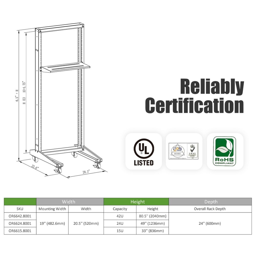 42U Movable 19inch 2 Post Open Frame Heavy Duty IT Network Data Server Rack