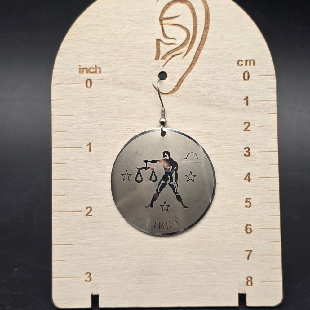 Libra Zodiac Symbol Earrings Silver Tone Discs Round Dangle Drop