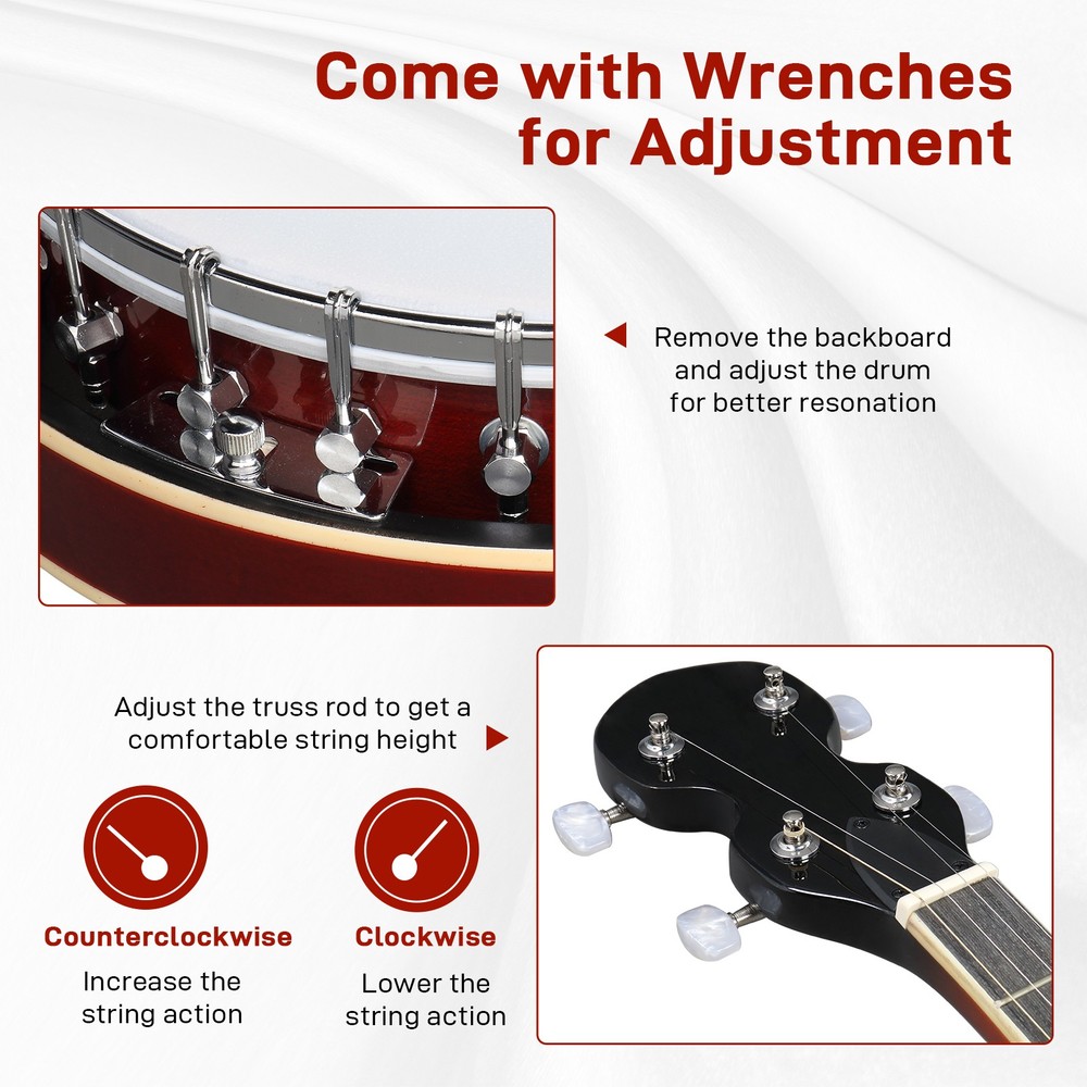 Full Size 5 String Banjos Set with Closed Solid Sapele Back Premium Neck