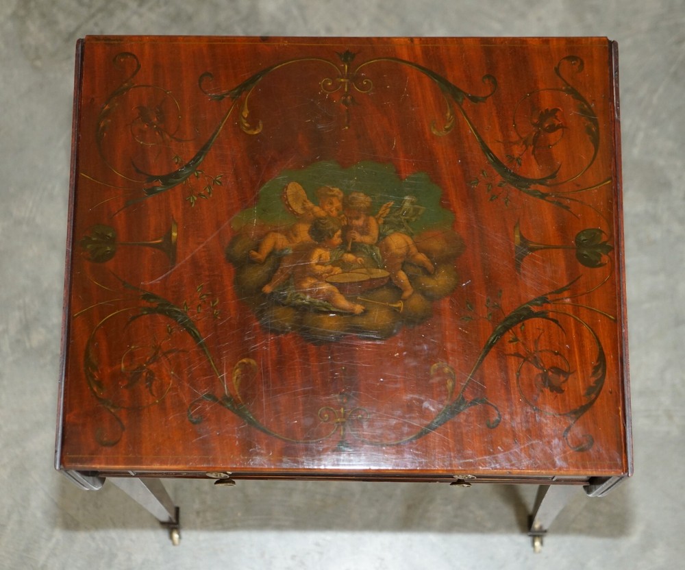 ANTIQUE REGENCY CIRCA 1815 SHERATON HAND PAINTED CHERUB EXTENDING SIDE END TABLE