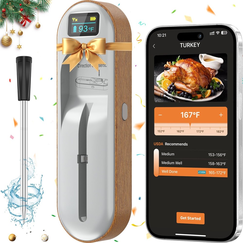 Wireless Meat Thermometer Digital, Instant Read, Long Bluetooth Range, Alarm,...