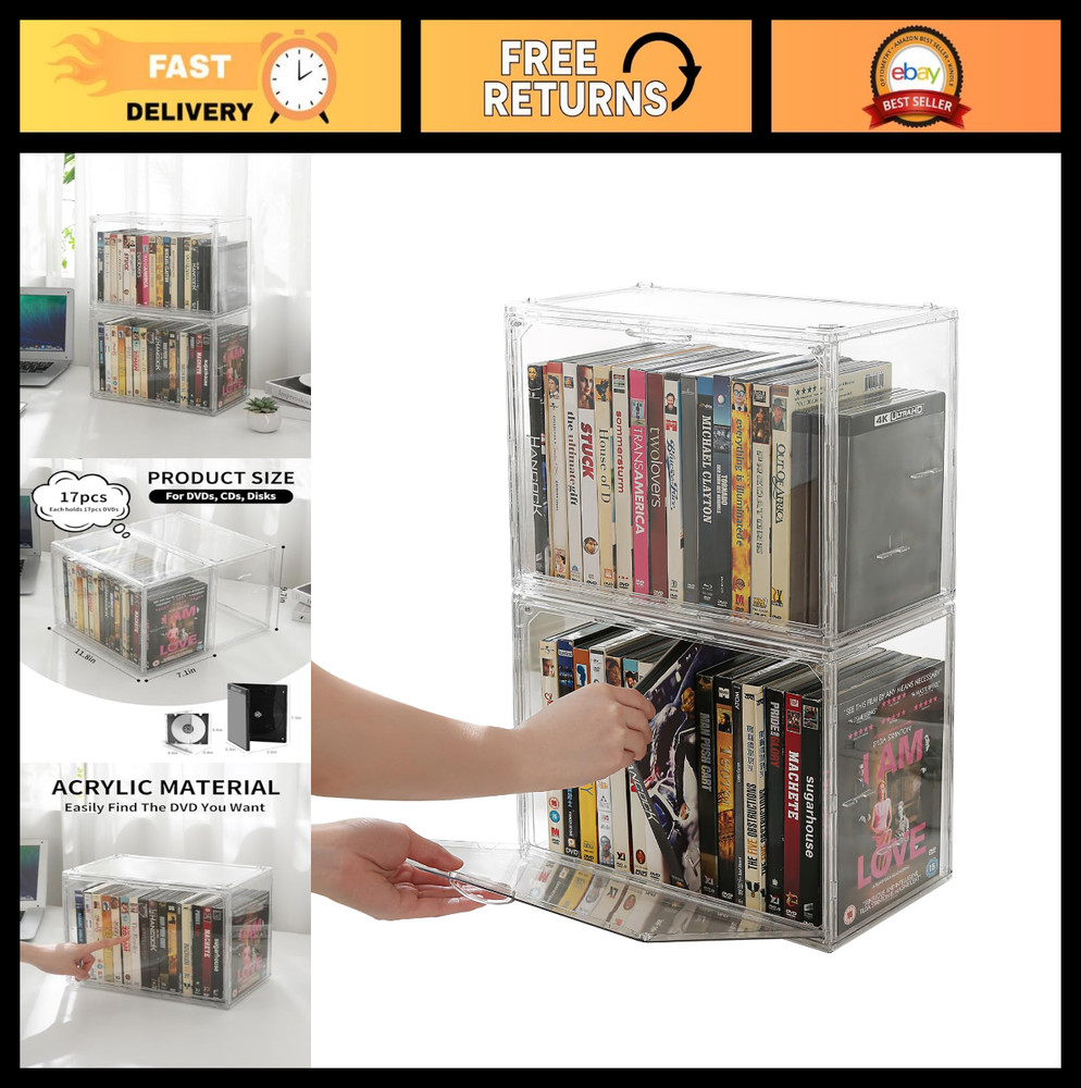 Stackable DVD Storage Box - 2-Pack Clear Organizer for CDs, Blu-ray, Video Games
