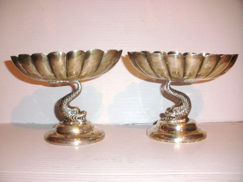 Pair Exquisite antique sterling silver compote figural dolphins or sea creatures