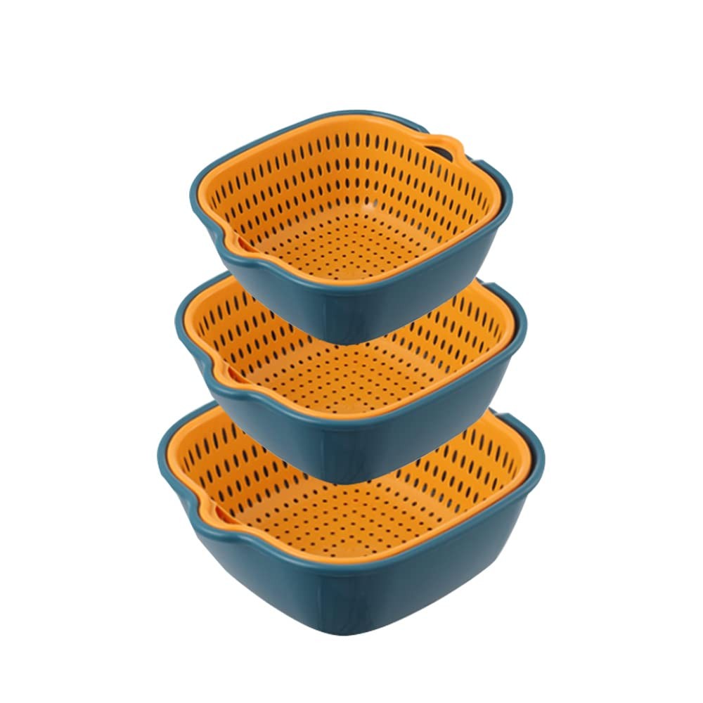 Blue Yellow Vegetable Washing Baskets Multi-Layer Stackable Colander Set Tool