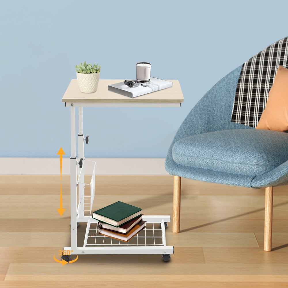 Adjustable Bed Side Table With Wheels, 2 Tier C Shaped Mobile Standalone Table