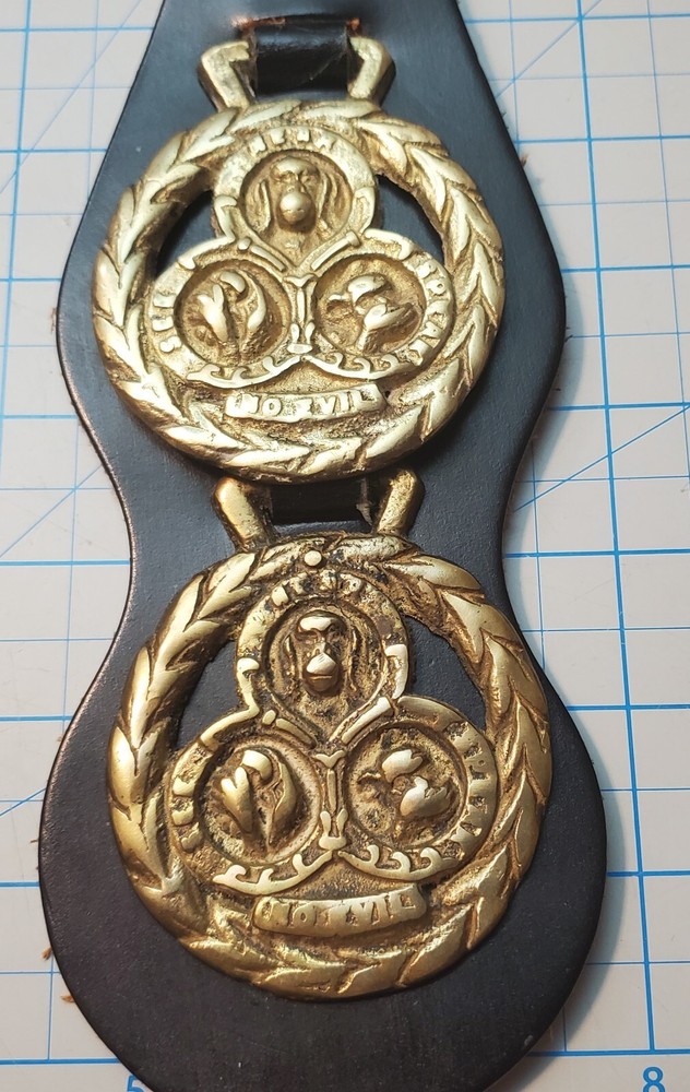 TWO Vintage No Evil Wise Monkey Brass Harness Ornaments with Leather Display