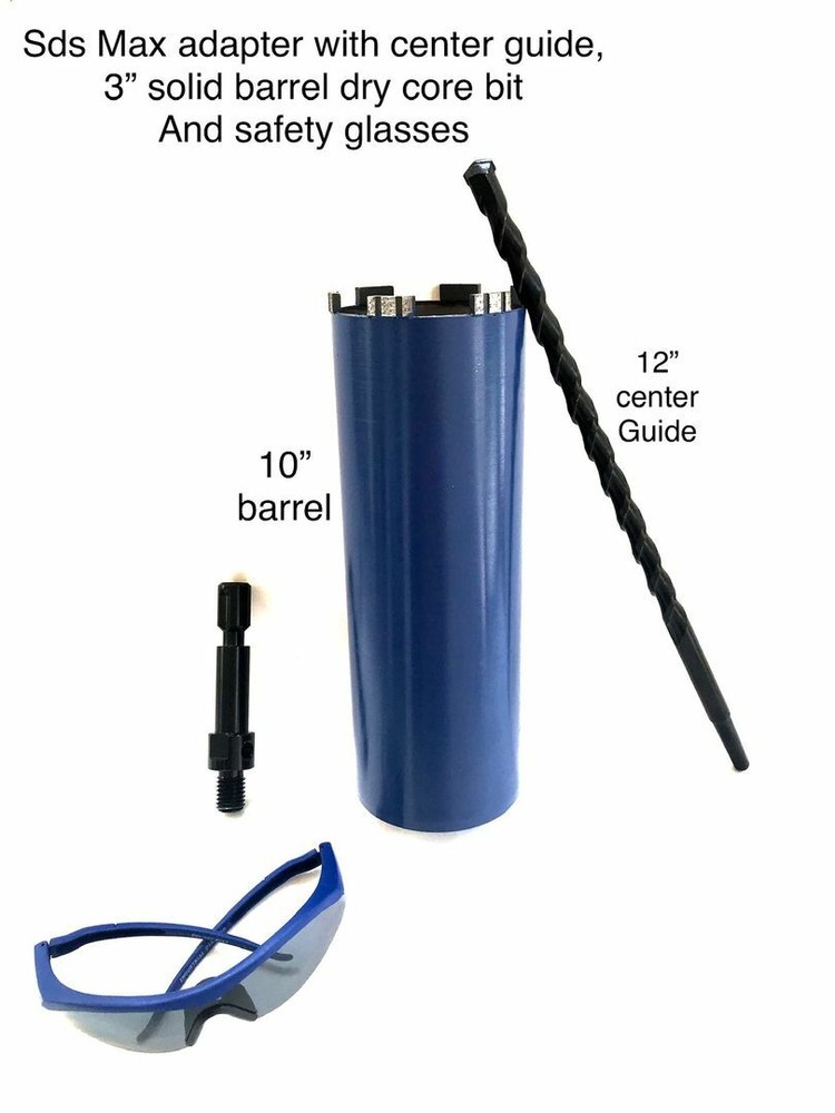SDS Max adapter with 2.5'' and 3'' dry core bit and Center guide