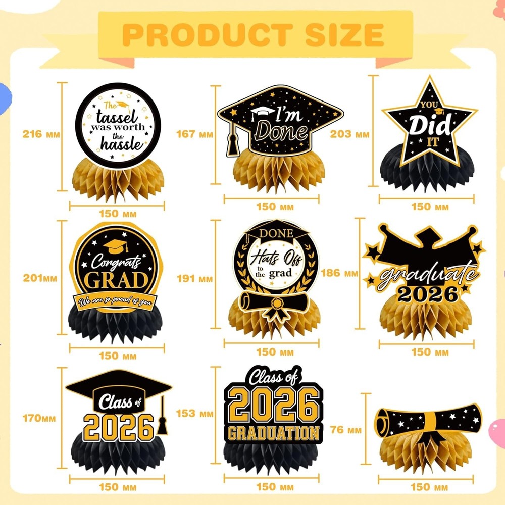 Graduation Decorations 2026 - Black Gold Graduation Honeycomb for Table Cente...