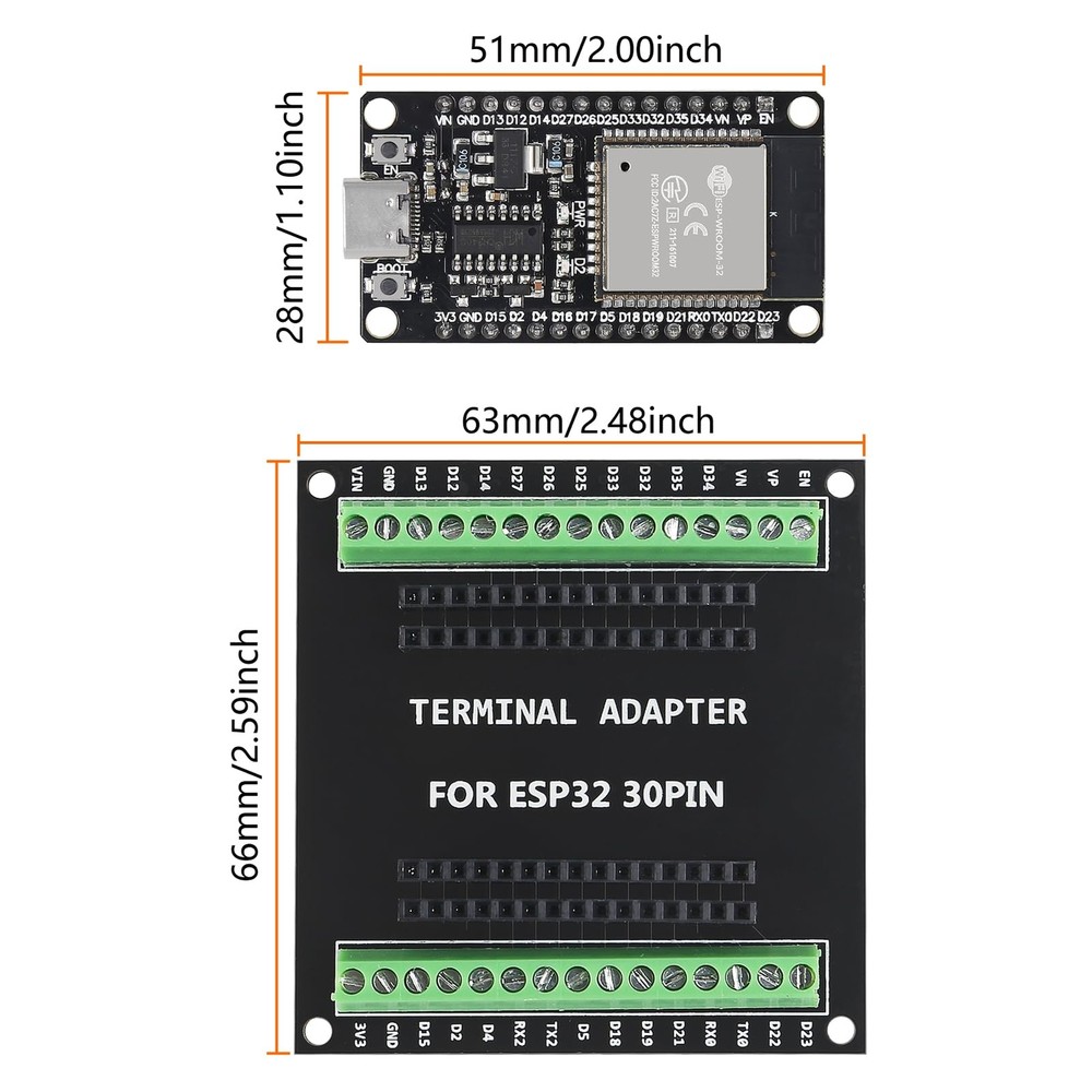 2 Pack ESP32 Development Boards CP2102 WiFi Bluetooth Dual Core with GPIO Board