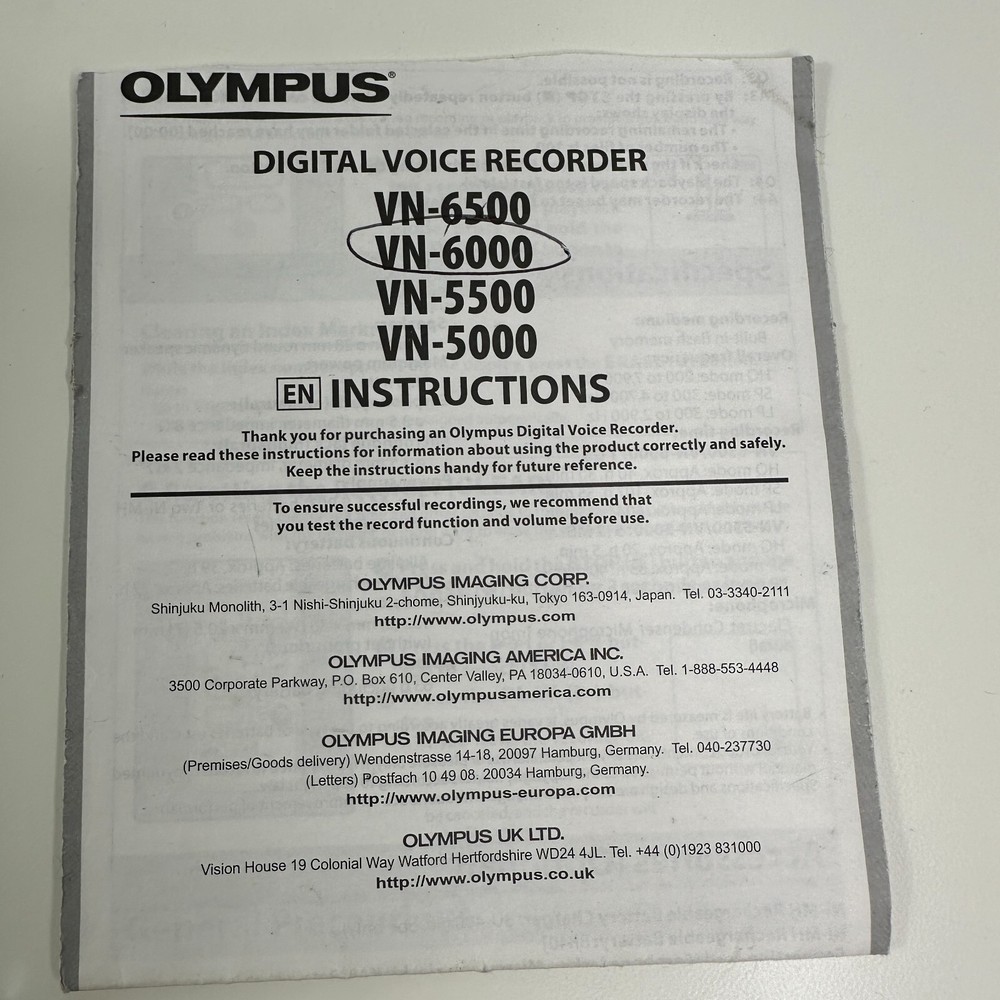 Olympus Digital Voice Recorder VN-6000 Works