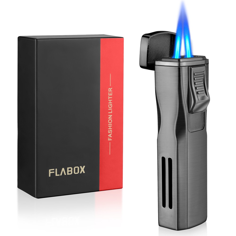 Cigar Lighter Dual Jet Flame Torch Lighter with Cigar Holder Box Gift for Men