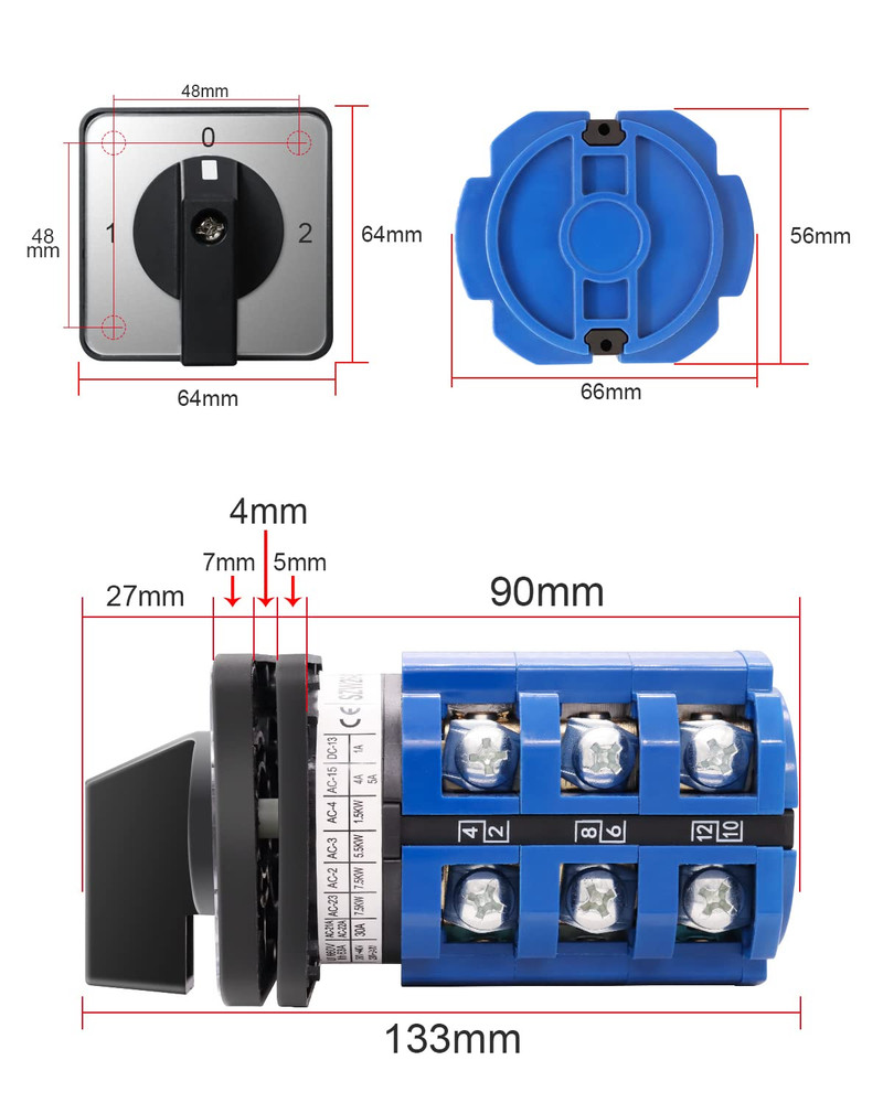Changeover Selection Switch,Multi-Transfer Switch AC 660V 63A 3 Positions 12 Ter
