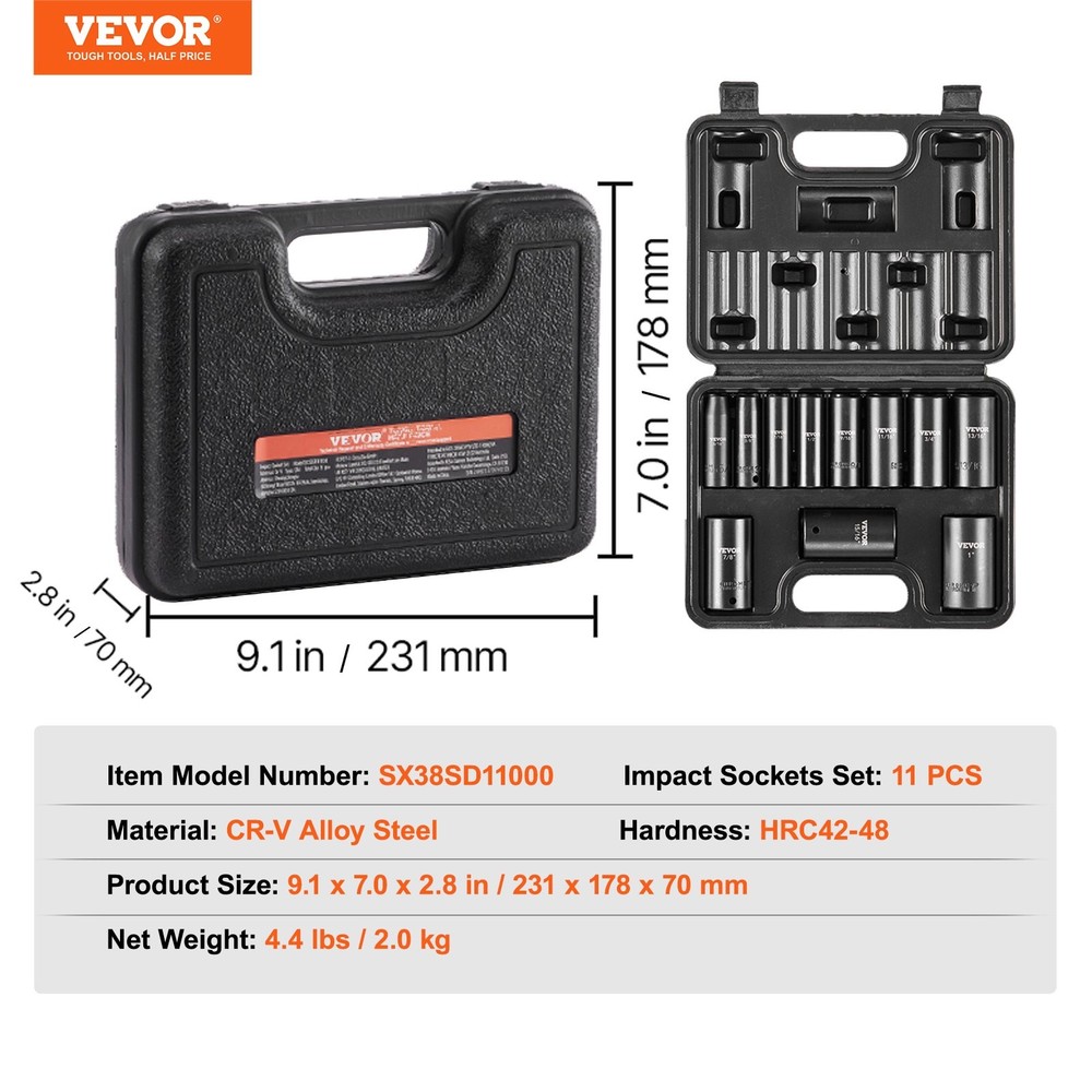 3/8" Drive Impact Socket Set 11 Piece Deep Socket Set SAE 5/16"-1" 6 Point