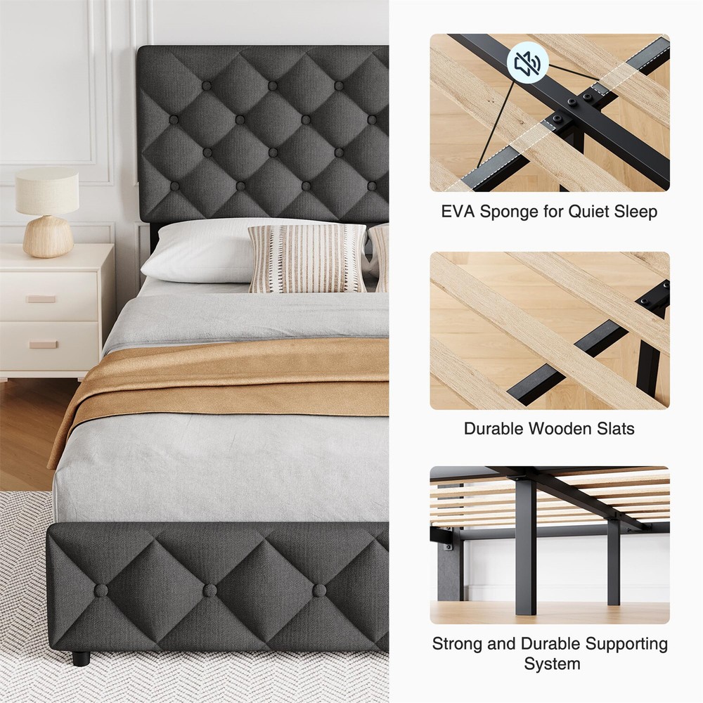 ⏯✅4 Storage Drawers and Headboard Queen Bed Frame Upholstered Platform Bed Frame