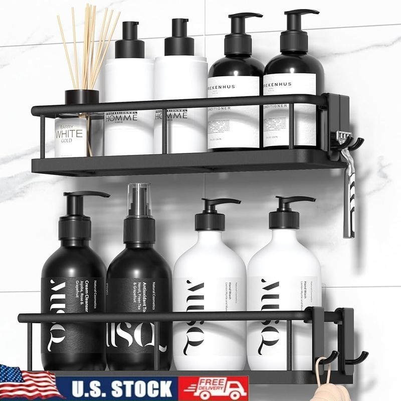2 Pack Adhesive Shower Caddy No Drill Rust Proof Organizer Wall Mounted Black US