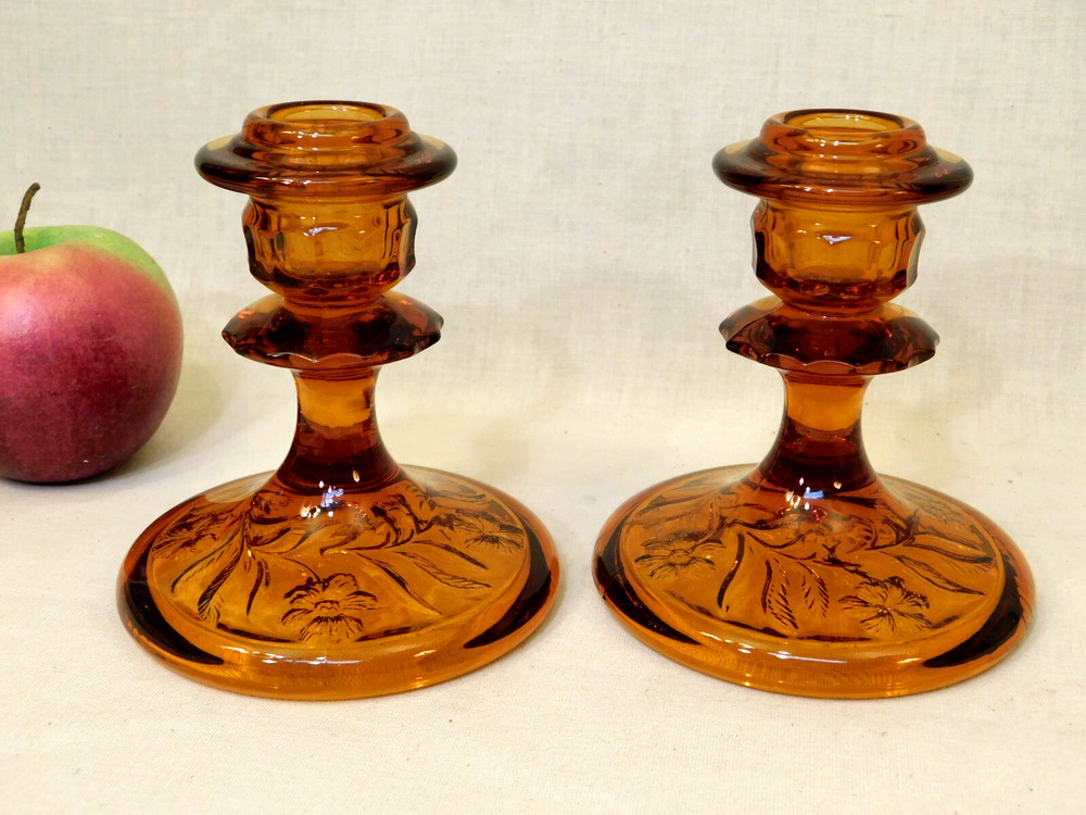 2 Amber Brown Depression Glass Candle Holders w/ Flower Pattern