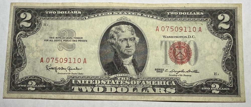 1963 red seal $2 United States Note. Nice XF. A07509110A #e