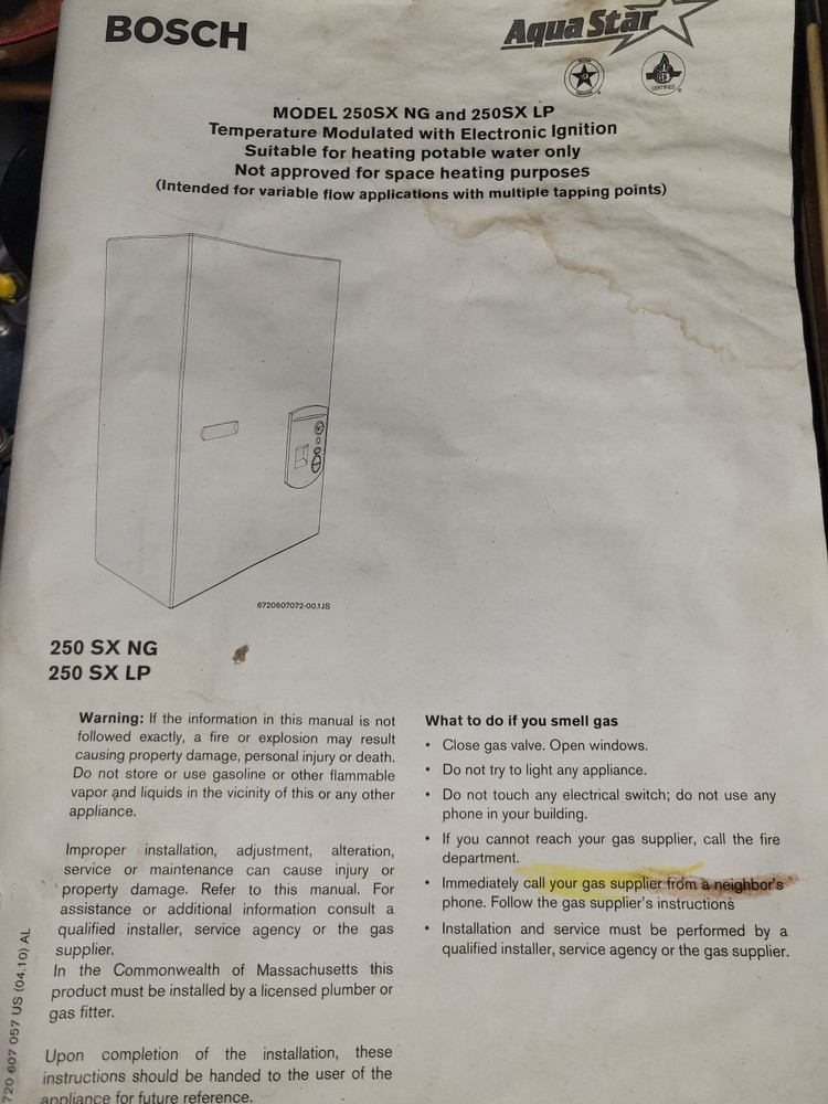 Bosch AquaStar Tankless Water Heater Model 250SX Natural Gas Unit