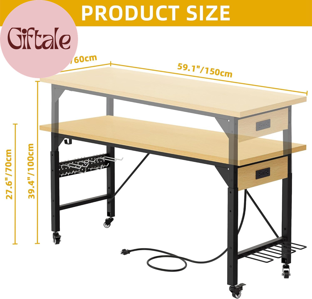60" Adjustable Workbench on Wheels, Garage Tool Work Bench with Outlets & Wheels