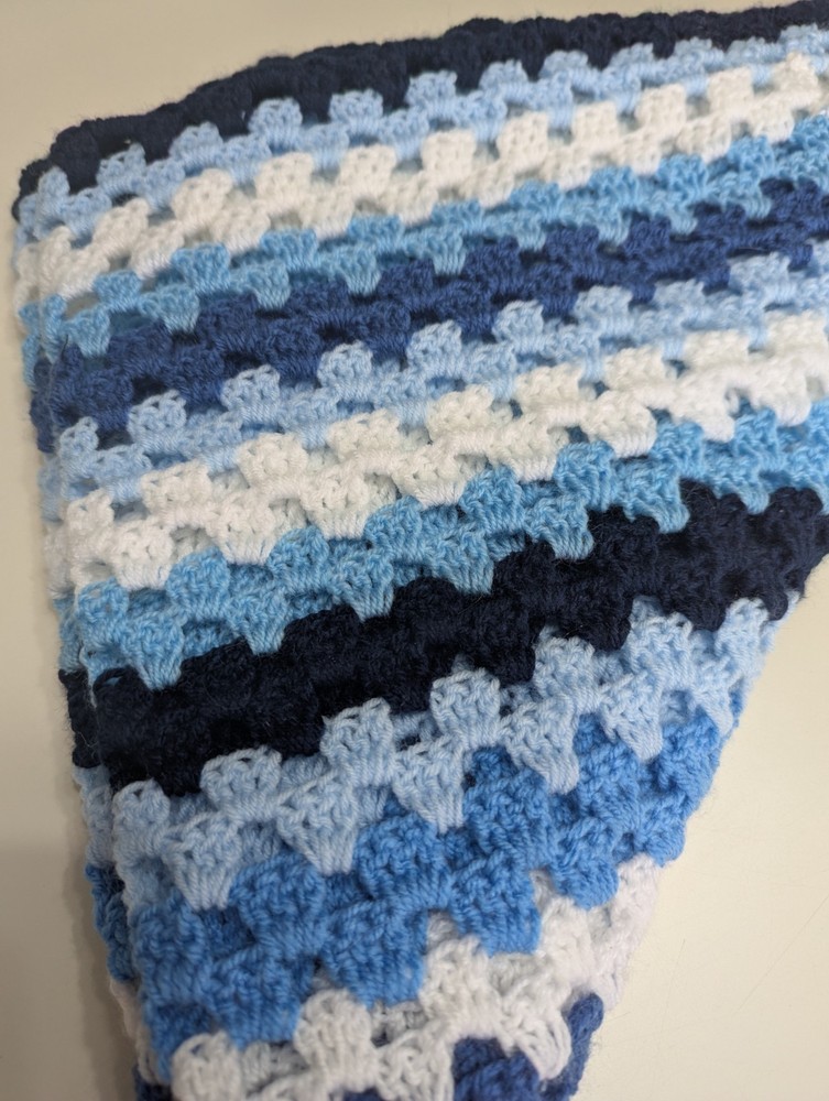 Crocheted Blue And White Pram Blanket