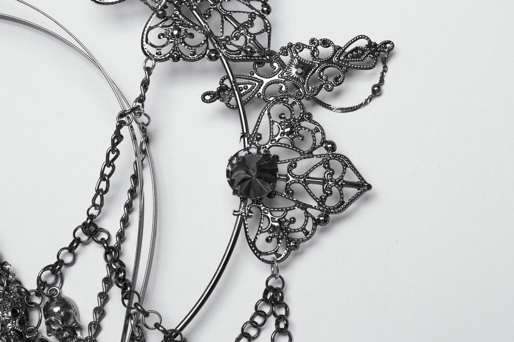 Gothic Moon Crescent Spiked Crown Headpiece with Beaded Fringe
