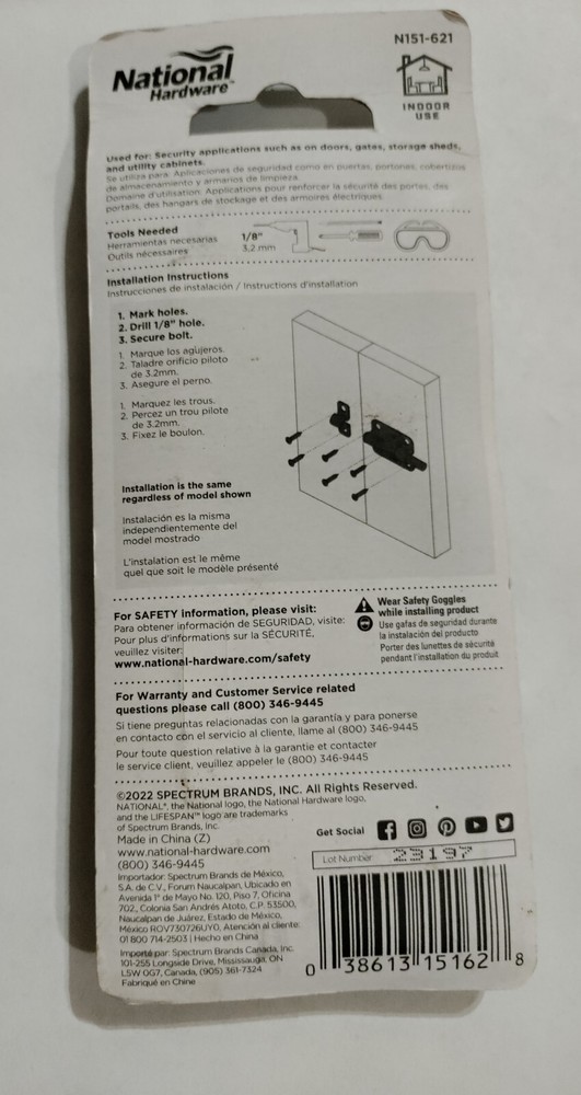 National Hardware Black Barrel Bolt Slide Latch Security Lock N151-621