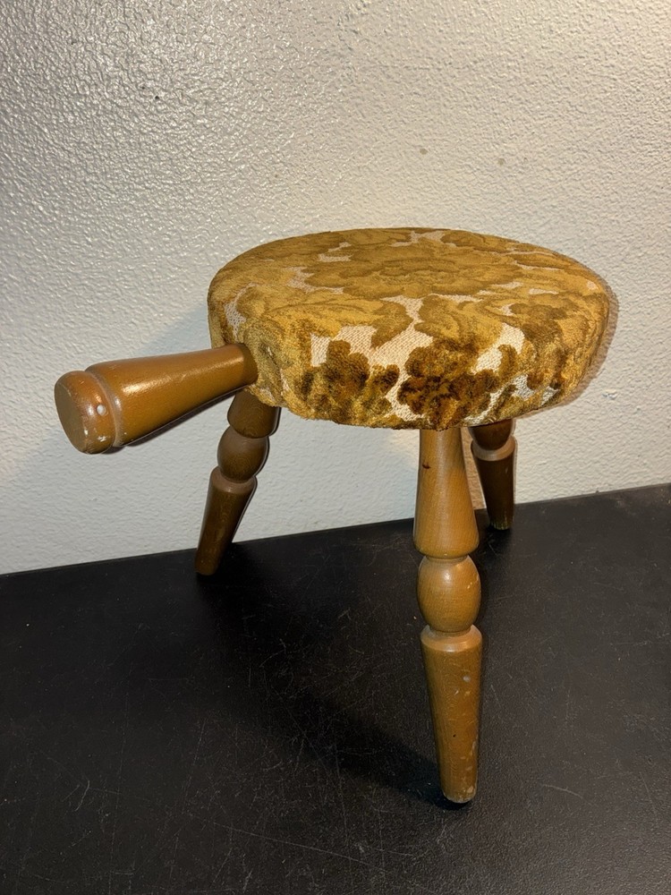 Vintage 3 Legged Cushioned Milking Stool Solid Wood with Handle