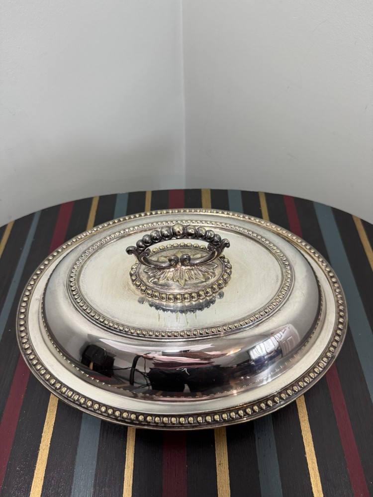 Vintage Silver-Plated Covered Serving Tray with Handle Ornate Beaded Edge – 12”