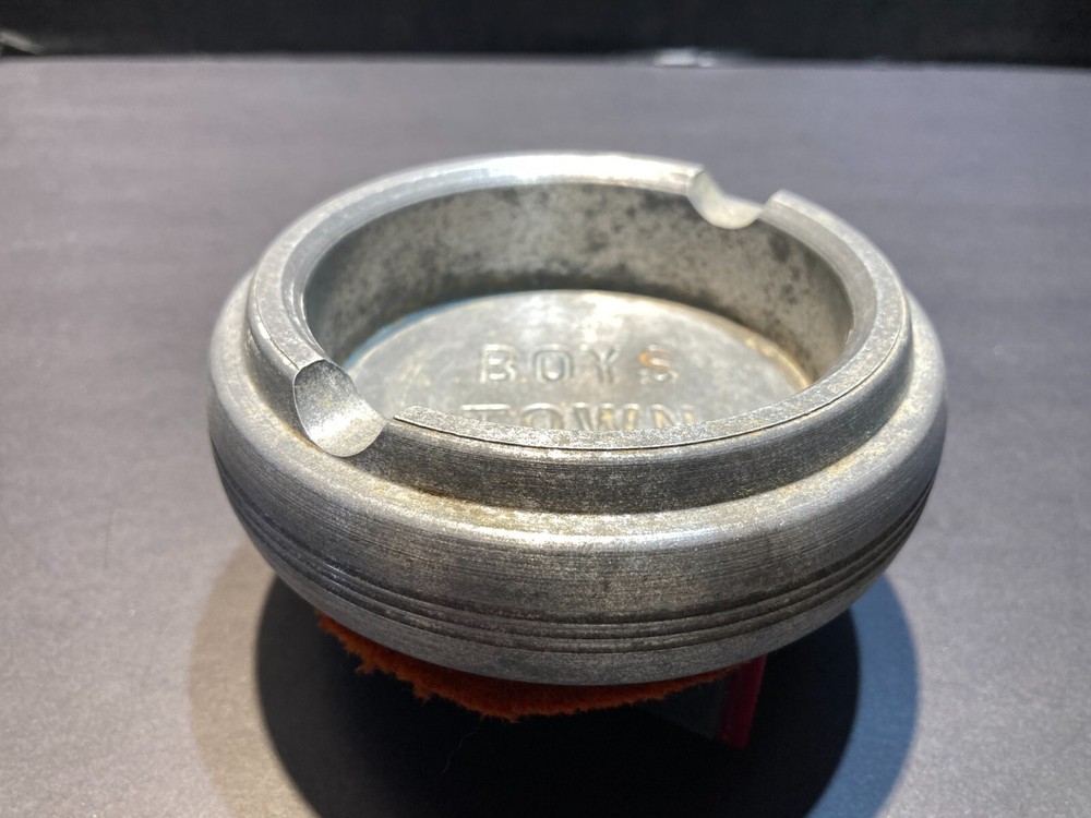 Rare Engraved Boystown Solid Pewter Ashtray, 4", Heavy Desk Model,
