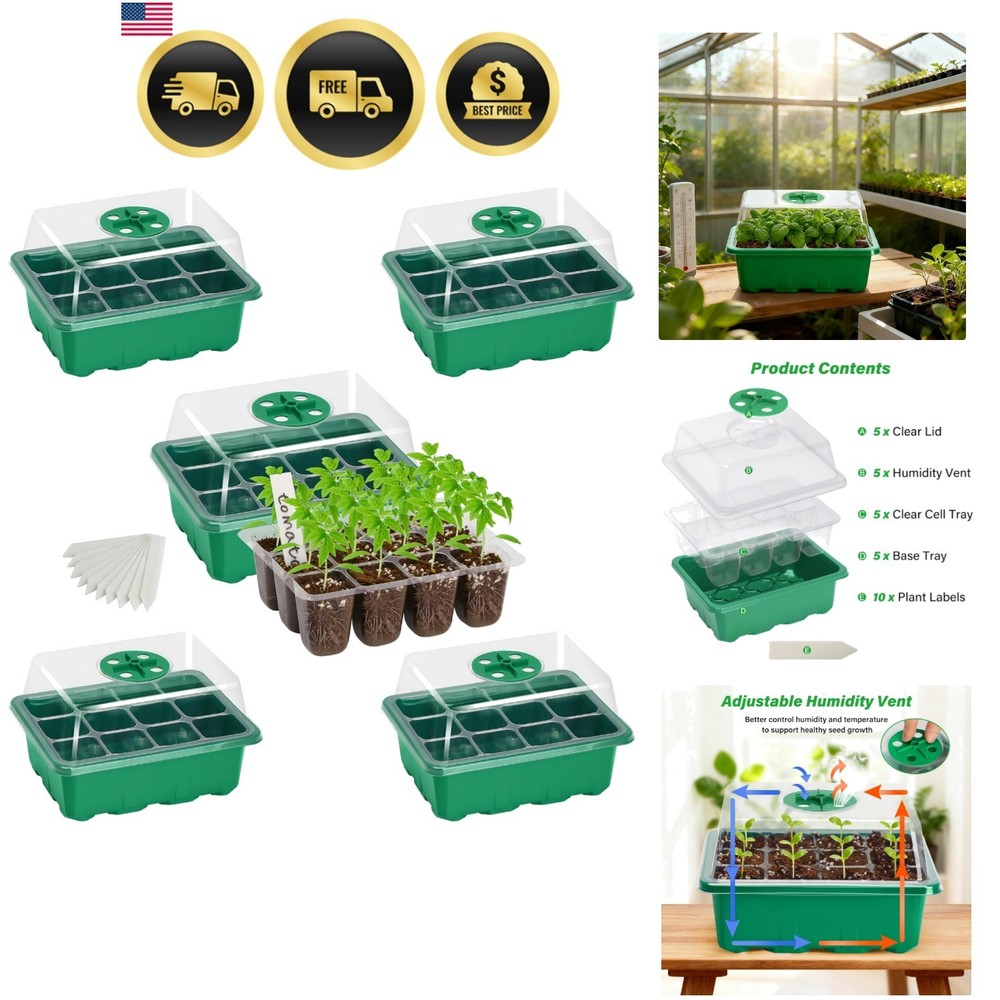5-Pack Seed Starter Trays, Seed Starter Kit with Adjustable Humidity Dome and...