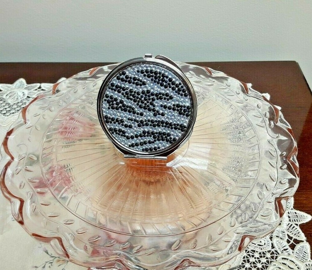 Black & Clear Crystal Rhinestone Gemstone Double Mirror Compact
