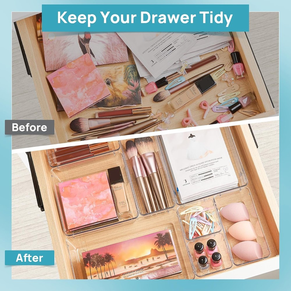 Clear Plastic Drawer Organizer Set 25 PCS 4-Size Versatile Bathroom & Vanity