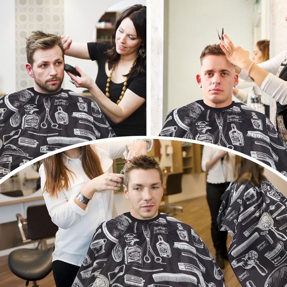 Luxury Black Barber Cape with White Pattern & Ergonomic Neck Duster Brush