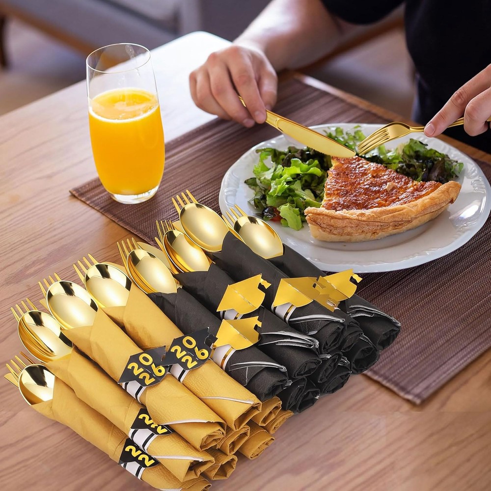 50 Pack Pre Rolled Gold Plastic Silverware Sets Graduation Heavy Duty Plastic...