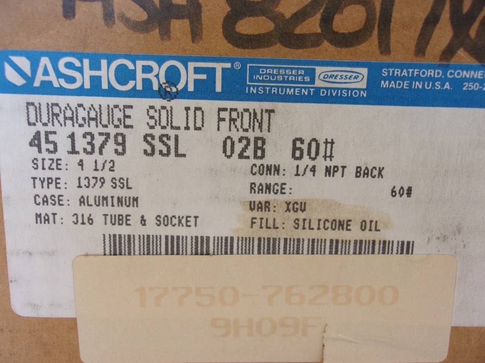 Ashcroft 45 1379 SSL 02B 60# DURAGAUGE SOLID FRONT, PRESSURE GAUGE, 1018A