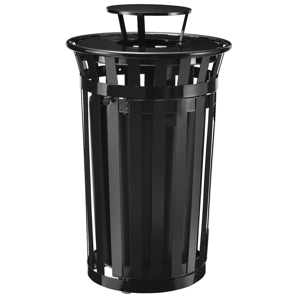 36 Gallon Outdoor Metal Slatted Receptacle w/Access Door  Rain Bonnet Lid Black