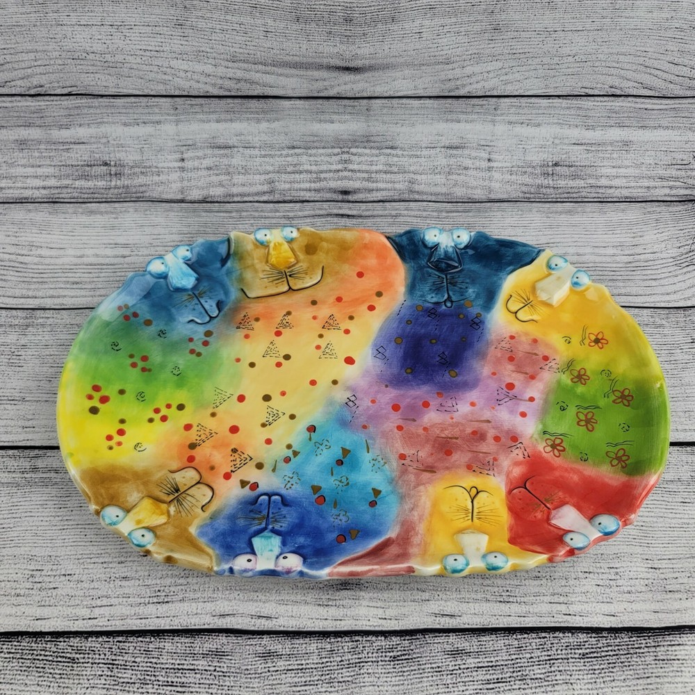Vintage Multi-Colored Joy Cats Studio Serving Platter Cat Tableware 12" x 8"