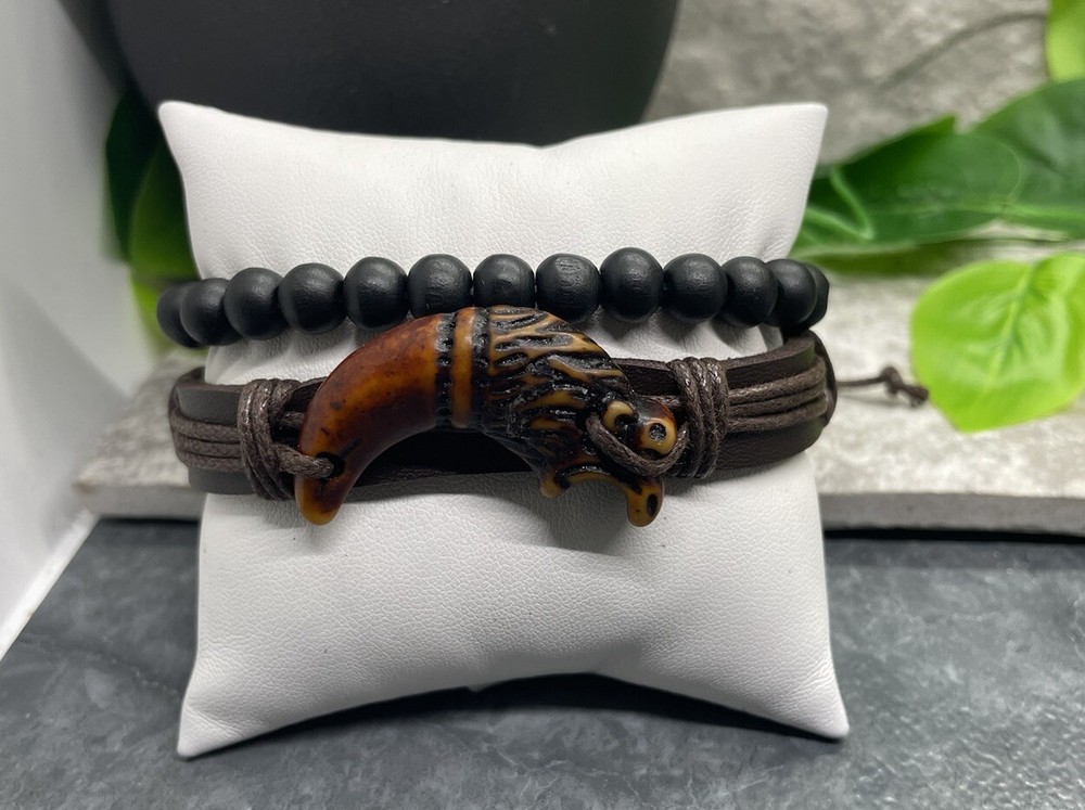 2 PC Leather Bracelet Wood Bead Stackable Adjustable Tie Free Ship B2903