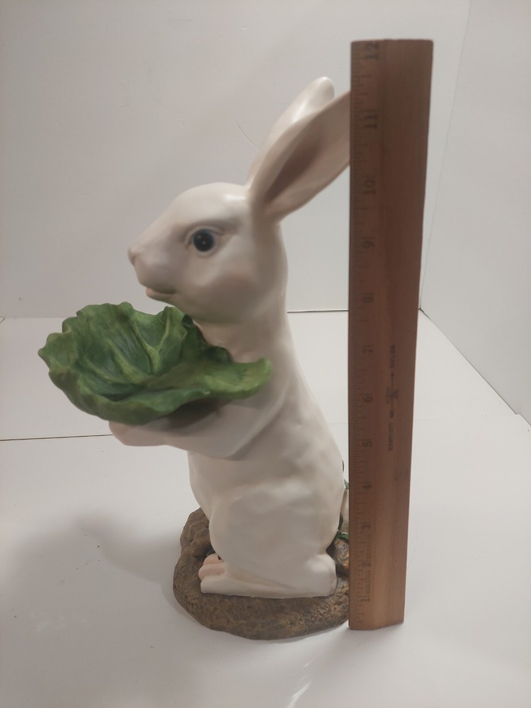 Bunny Rabbit Statue Candy Bowl Server Figure 12" White Resin White Cabbage Leaf