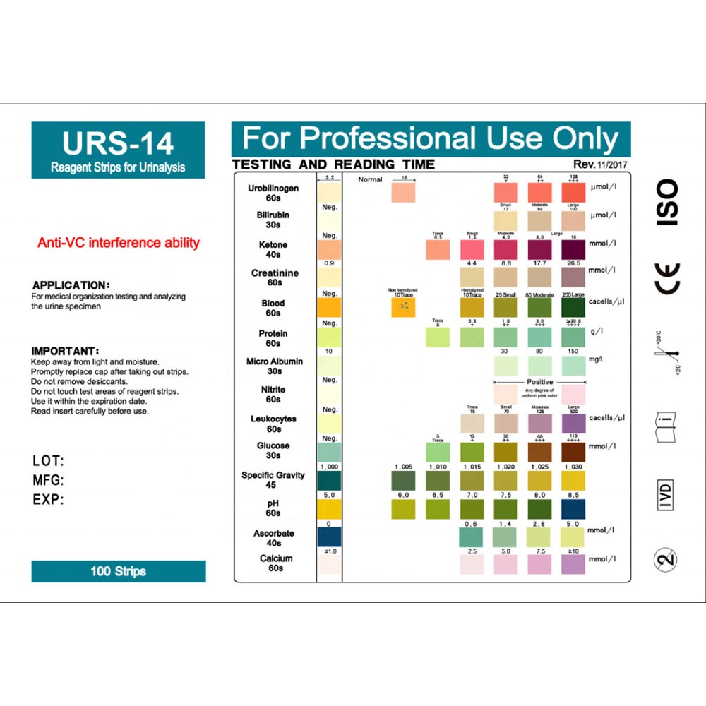 100 Strips/Box 14-in-1 Urinalysis Strips 14 Parameters Urine Test Strips US