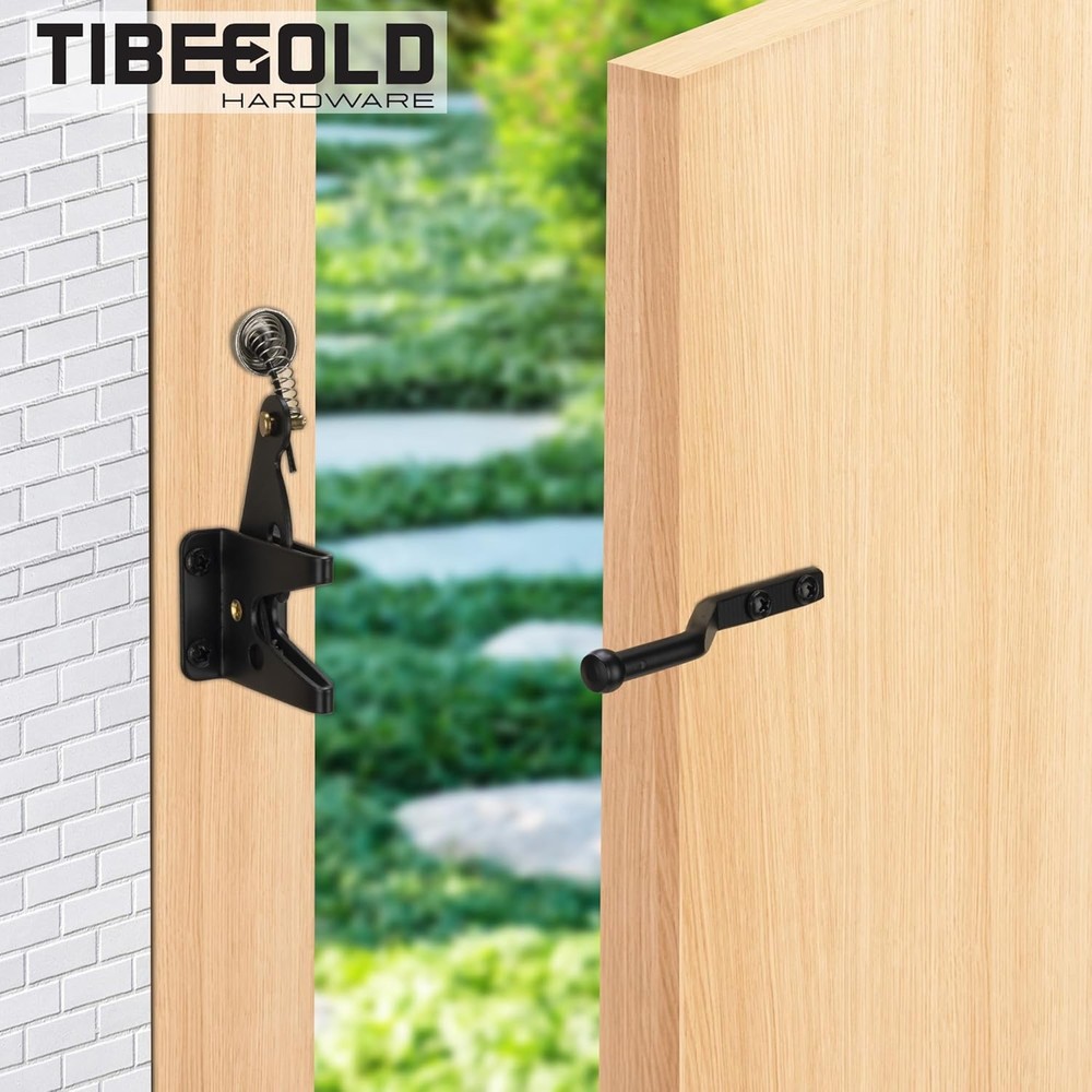 Self Locking Gate Latch with Spring Cable Pull, Black Gravity Lever Door...