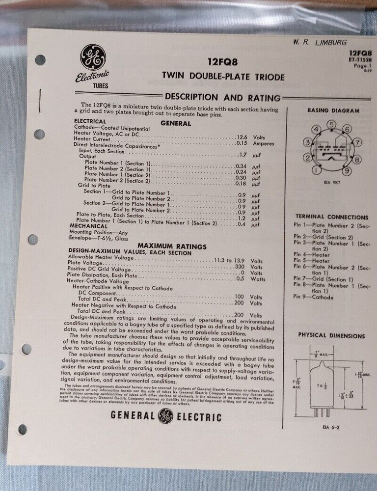 1959 ~ GE ~ Twin Double-Plate Triode 12FQ8 ~  Tech Specs